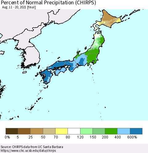 Japan Percent of Normal Precipitation (CHIRPS) Thematic Map For 8/11/2021 - 8/20/2021