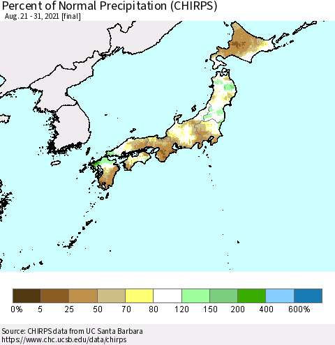 Japan Percent of Normal Precipitation (CHIRPS) Thematic Map For 8/21/2021 - 8/31/2021