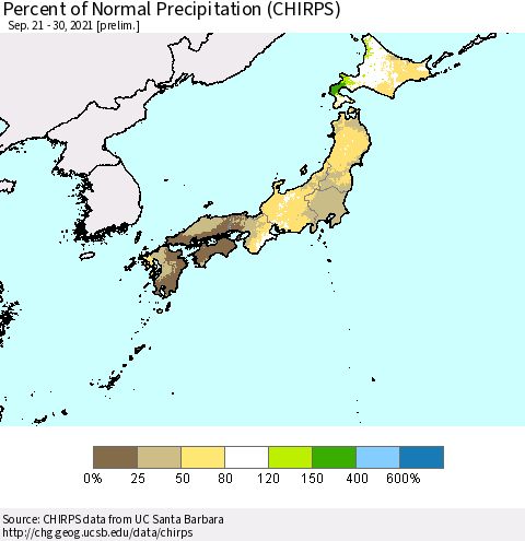 Japan Percent of Normal Precipitation (CHIRPS) Thematic Map For 9/21/2021 - 9/30/2021