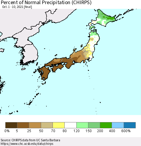 Japan Percent of Normal Precipitation (CHIRPS) Thematic Map For 10/1/2021 - 10/10/2021