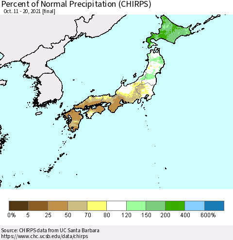 Japan Percent of Normal Precipitation (CHIRPS) Thematic Map For 10/11/2021 - 10/20/2021
