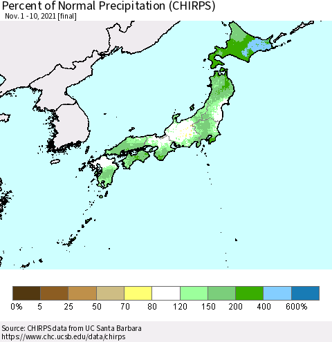 Japan Percent of Normal Precipitation (CHIRPS) Thematic Map For 11/1/2021 - 11/10/2021