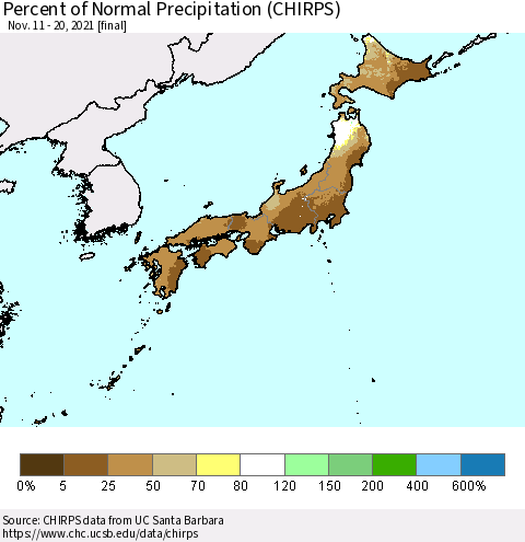 Japan Percent of Normal Precipitation (CHIRPS) Thematic Map For 11/11/2021 - 11/20/2021