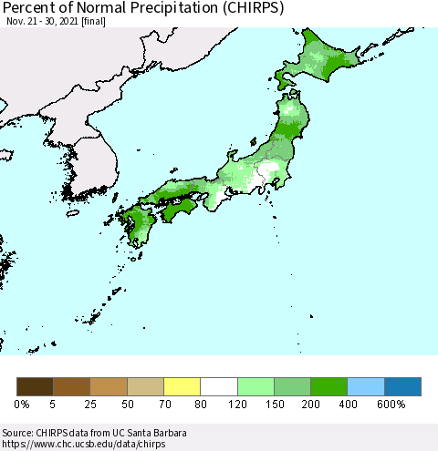 Japan Percent of Normal Precipitation (CHIRPS) Thematic Map For 11/21/2021 - 11/30/2021