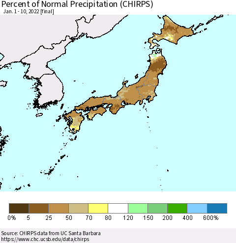 Japan Percent of Normal Precipitation (CHIRPS) Thematic Map For 1/1/2022 - 1/10/2022