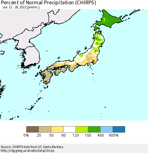 Japan Percent of Normal Precipitation (CHIRPS) Thematic Map For 1/11/2022 - 1/20/2022