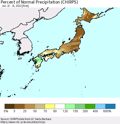 Japan Percent of Normal Precipitation (CHIRPS) Thematic Map For 1/21/2022 - 1/31/2022