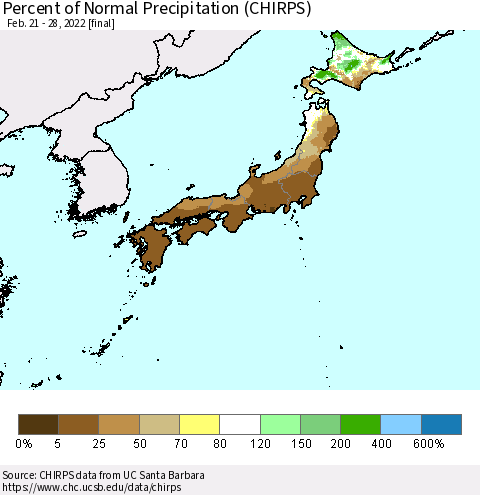 Japan Percent of Normal Precipitation (CHIRPS) Thematic Map For 2/21/2022 - 2/28/2022