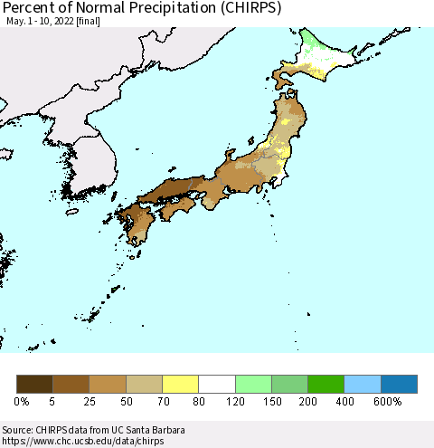 Japan Percent of Normal Precipitation (CHIRPS) Thematic Map For 5/1/2022 - 5/10/2022