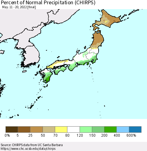 Japan Percent of Normal Precipitation (CHIRPS) Thematic Map For 5/11/2022 - 5/20/2022