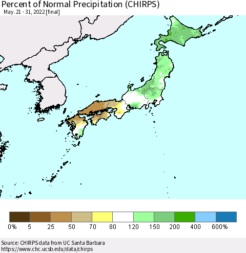 Japan Percent of Normal Precipitation (CHIRPS) Thematic Map For 5/21/2022 - 5/31/2022