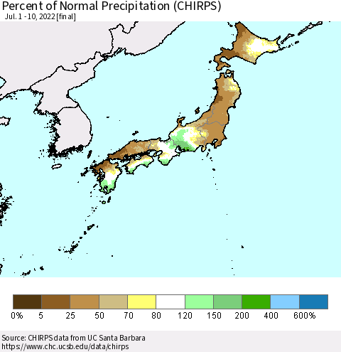 Japan Percent of Normal Precipitation (CHIRPS) Thematic Map For 7/1/2022 - 7/10/2022