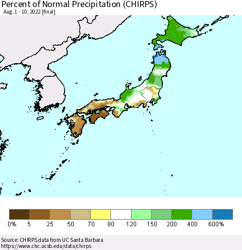 Japan Percent of Normal Precipitation (CHIRPS) Thematic Map For 8/1/2022 - 8/10/2022