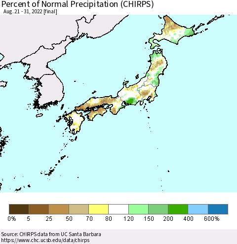 Japan Percent of Normal Precipitation (CHIRPS) Thematic Map For 8/21/2022 - 8/31/2022