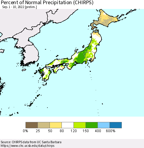 Japan Percent of Normal Precipitation (CHIRPS) Thematic Map For 9/1/2022 - 9/10/2022