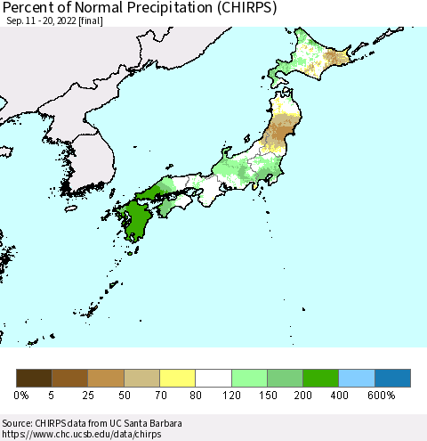 Japan Percent of Normal Precipitation (CHIRPS) Thematic Map For 9/11/2022 - 9/20/2022