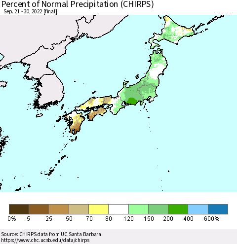 Japan Percent of Normal Precipitation (CHIRPS) Thematic Map For 9/21/2022 - 9/30/2022