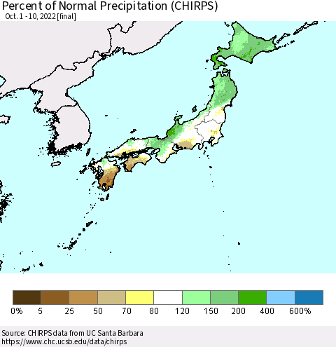 Japan Percent of Normal Precipitation (CHIRPS) Thematic Map For 10/1/2022 - 10/10/2022