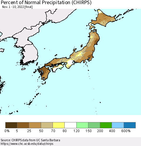 Japan Percent of Normal Precipitation (CHIRPS) Thematic Map For 11/1/2022 - 11/10/2022