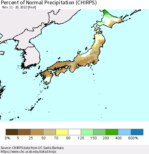 Japan Percent of Normal Precipitation (CHIRPS) Thematic Map For 11/11/2022 - 11/20/2022