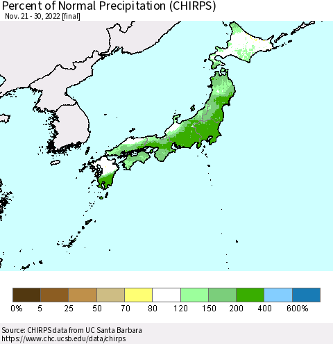 Japan Percent of Normal Precipitation (CHIRPS) Thematic Map For 11/21/2022 - 11/30/2022