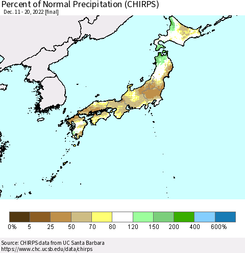Japan Percent of Normal Precipitation (CHIRPS) Thematic Map For 12/11/2022 - 12/20/2022