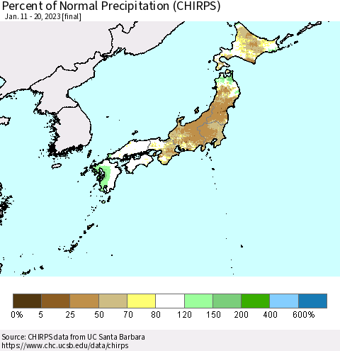 Japan Percent of Normal Precipitation (CHIRPS) Thematic Map For 1/11/2023 - 1/20/2023