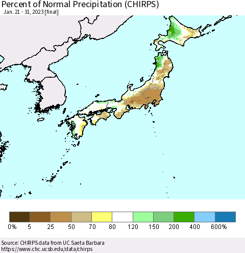 Japan Percent of Normal Precipitation (CHIRPS) Thematic Map For 1/21/2023 - 1/31/2023