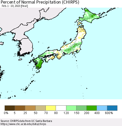 Japan Percent of Normal Precipitation (CHIRPS) Thematic Map For 2/1/2023 - 2/10/2023