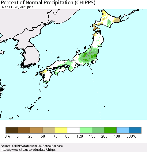 Japan Percent of Normal Precipitation (CHIRPS) Thematic Map For 3/11/2023 - 3/20/2023