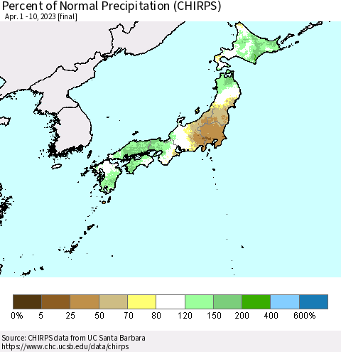 Japan Percent of Normal Precipitation (CHIRPS) Thematic Map For 4/1/2023 - 4/10/2023