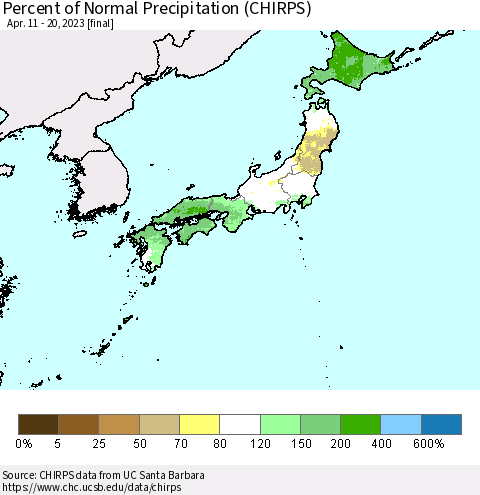 Japan Percent of Normal Precipitation (CHIRPS) Thematic Map For 4/11/2023 - 4/20/2023