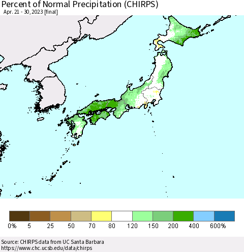 Japan Percent of Normal Precipitation (CHIRPS) Thematic Map For 4/21/2023 - 4/30/2023