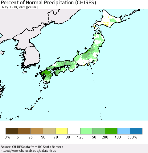 Japan Percent of Normal Precipitation (CHIRPS) Thematic Map For 5/1/2023 - 5/10/2023