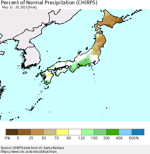 Japan Percent of Normal Precipitation (CHIRPS) Thematic Map For 5/11/2023 - 5/20/2023