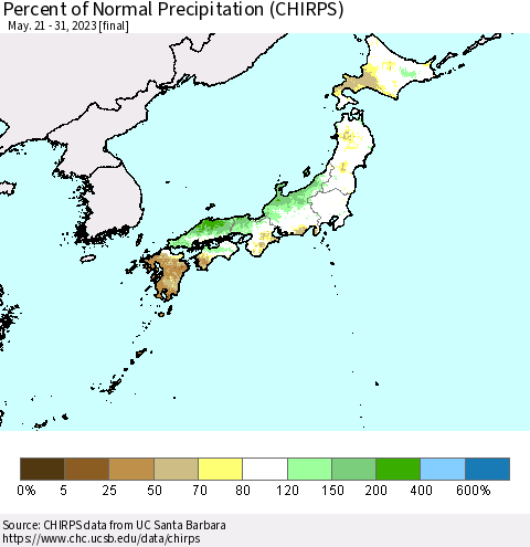 Japan Percent of Normal Precipitation (CHIRPS) Thematic Map For 5/21/2023 - 5/31/2023