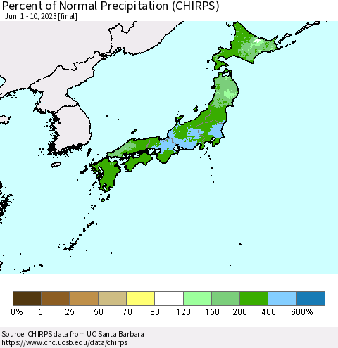 Japan Percent of Normal Precipitation (CHIRPS) Thematic Map For 6/1/2023 - 6/10/2023