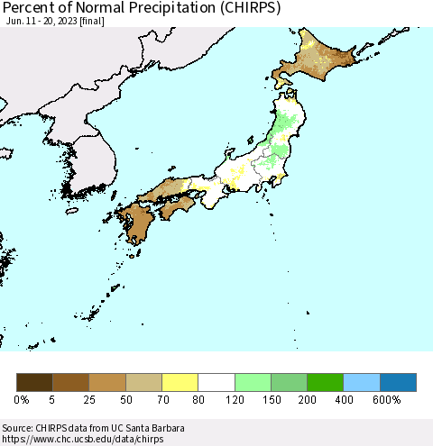 Japan Percent of Normal Precipitation (CHIRPS) Thematic Map For 6/11/2023 - 6/20/2023