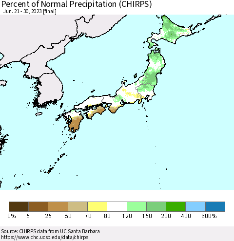Japan Percent of Normal Precipitation (CHIRPS) Thematic Map For 6/21/2023 - 6/30/2023