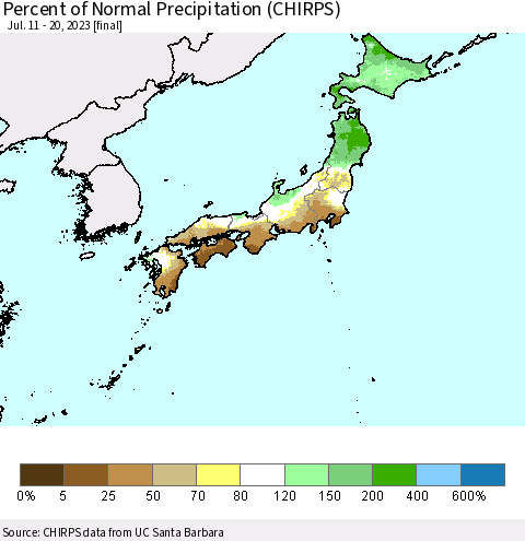 Japan Percent of Normal Precipitation (CHIRPS) Thematic Map For 7/11/2023 - 7/20/2023