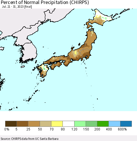 Japan Percent of Normal Precipitation (CHIRPS) Thematic Map For 7/21/2023 - 7/31/2023
