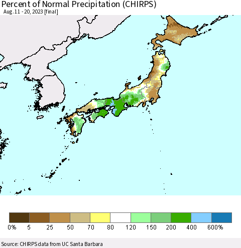 Japan Percent of Normal Precipitation (CHIRPS) Thematic Map For 8/11/2023 - 8/20/2023
