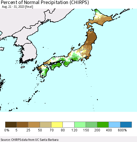 Japan Percent of Normal Precipitation (CHIRPS) Thematic Map For 8/21/2023 - 8/31/2023