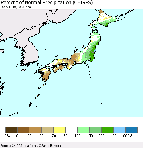 Japan Percent of Normal Precipitation (CHIRPS) Thematic Map For 9/1/2023 - 9/10/2023