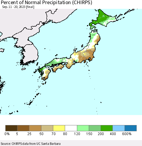 Japan Percent of Normal Precipitation (CHIRPS) Thematic Map For 9/11/2023 - 9/20/2023