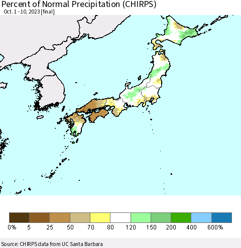 Japan Percent of Normal Precipitation (CHIRPS) Thematic Map For 10/1/2023 - 10/10/2023