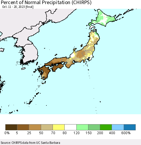Japan Percent of Normal Precipitation (CHIRPS) Thematic Map For 10/11/2023 - 10/20/2023