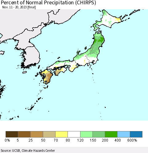 Japan Percent of Normal Precipitation (CHIRPS) Thematic Map For 11/11/2023 - 11/20/2023