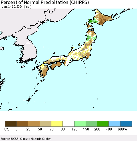 Japan Percent of Normal Precipitation (CHIRPS) Thematic Map For 1/1/2024 - 1/10/2024