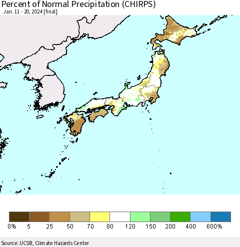 Japan Percent of Normal Precipitation (CHIRPS) Thematic Map For 1/11/2024 - 1/20/2024